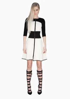 Aimee - Knitted, Empire Waist, White and Black Dress