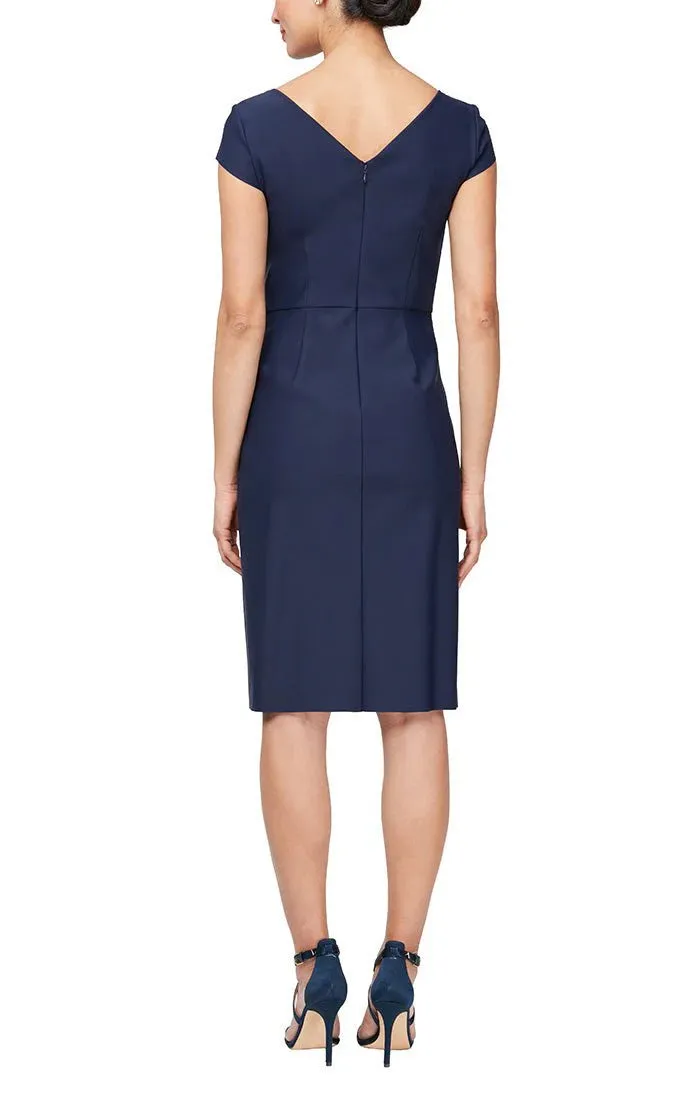 Alex Group Cap Sleeve Sheath with split Neckline & Embellishment  | Navy