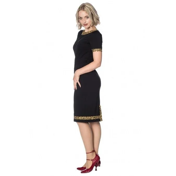 Black and Leopard Print Trim Wiggle Dress