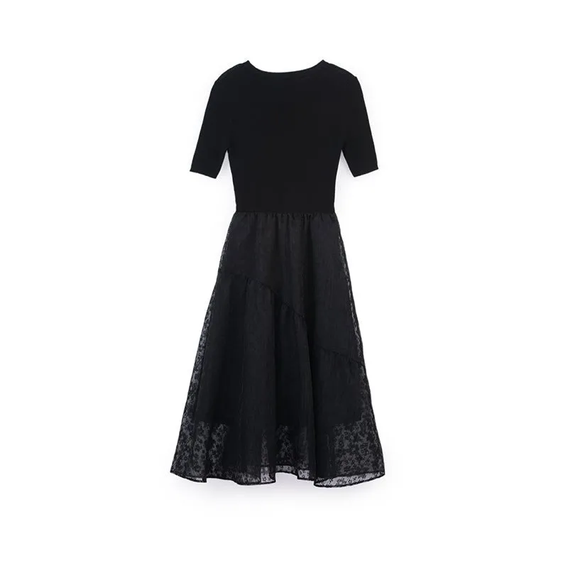 Black Jacquard Yarn Waist Midi Dress