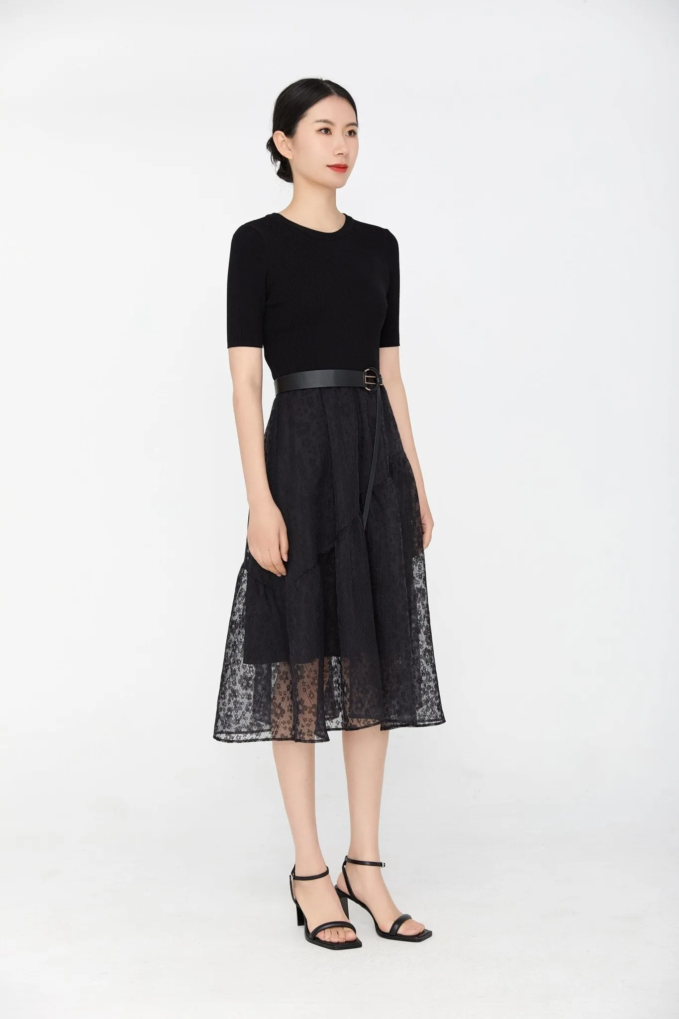 Black Jacquard Yarn Waist Midi Dress