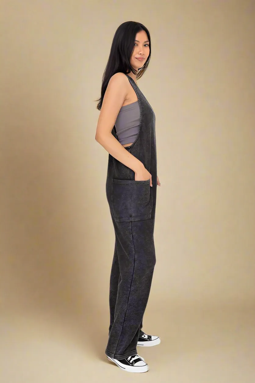 Black Mineral Wash V-Neck Overalls