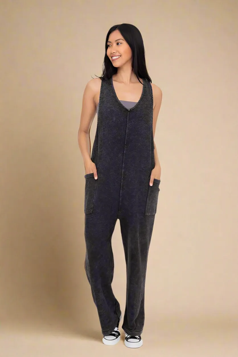 Black Mineral Wash V-Neck Overalls