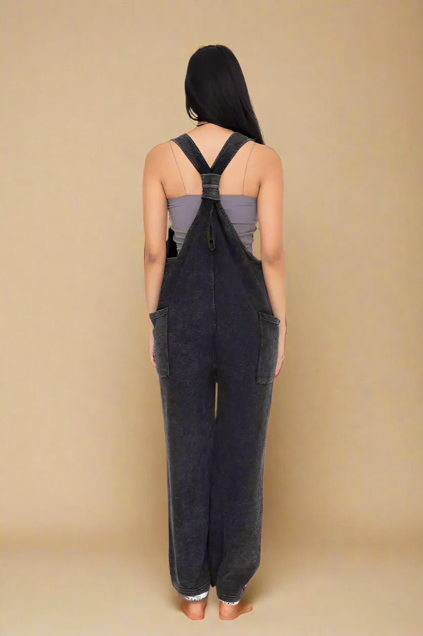 Black Mineral Wash V-Neck Overalls