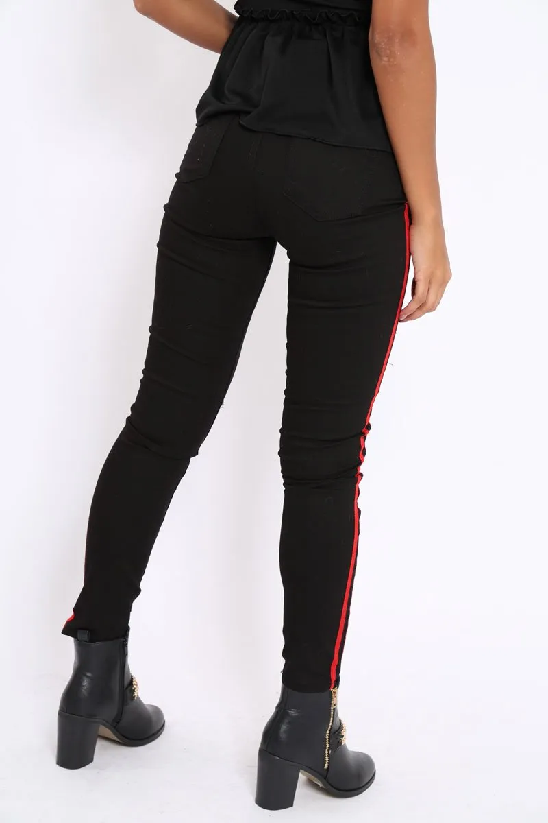 Black Ripped Knee Red Stripe Skinny Jeans - Lucia