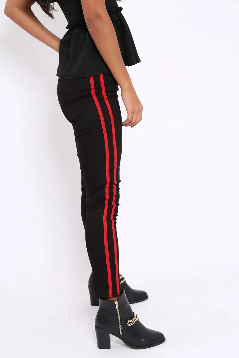 Black Ripped Knee Red Stripe Skinny Jeans - Lucia