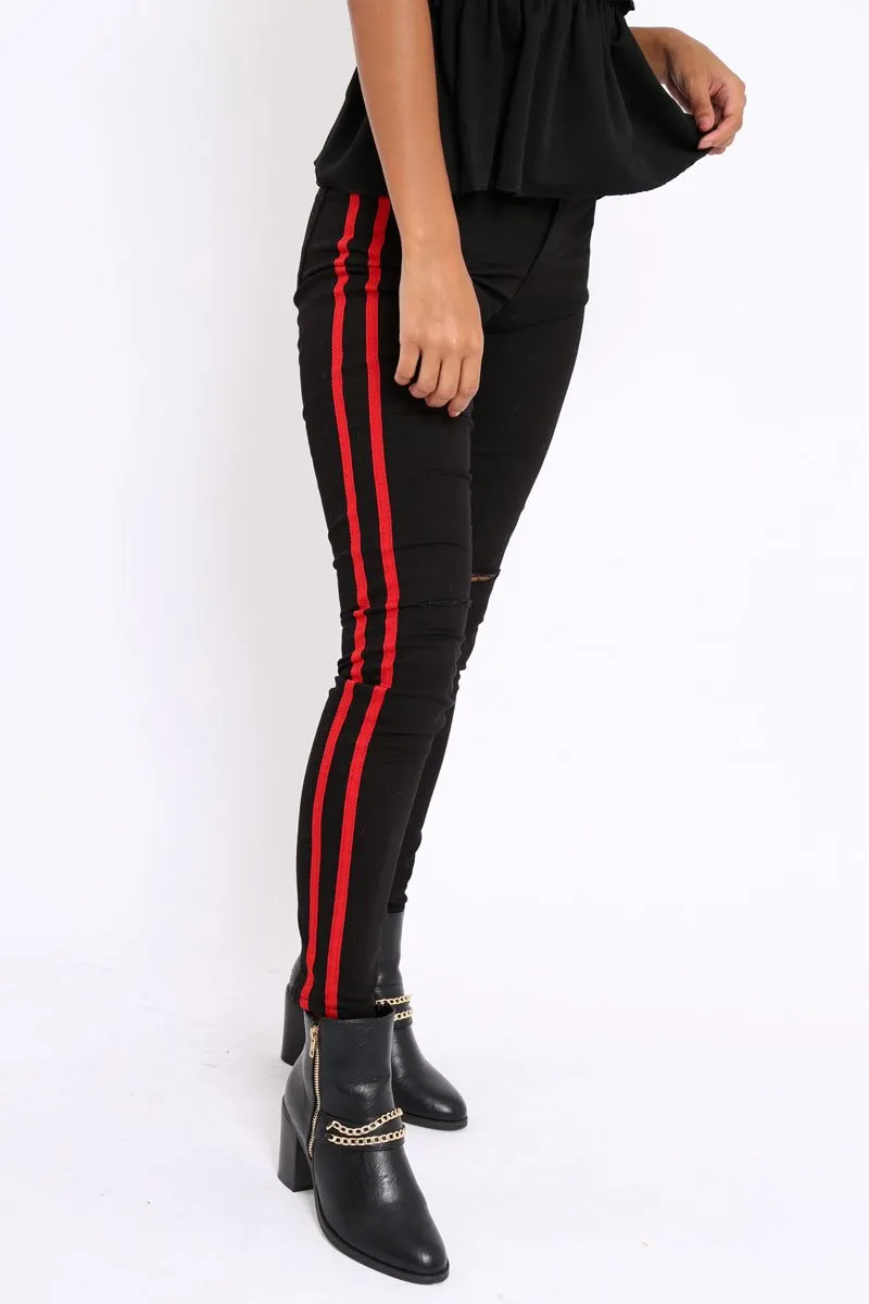 Black Ripped Knee Red Stripe Skinny Jeans - Lucia