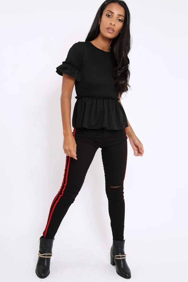 Black Ripped Knee Red Stripe Skinny Jeans - Lucia