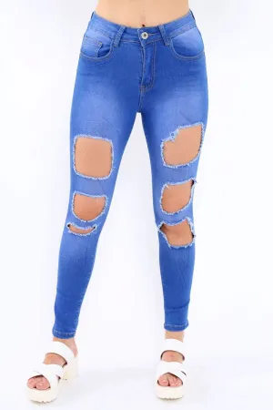 Blue Denim Ripped High Waist Skinny Jeans - Emlynn