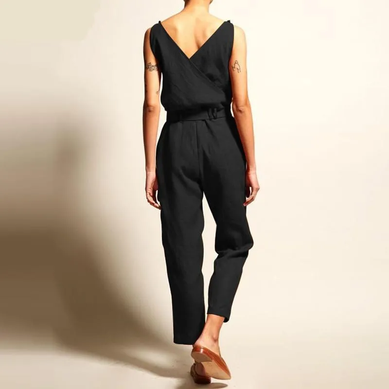 Casual Chic V Neck Sleeveless Overall