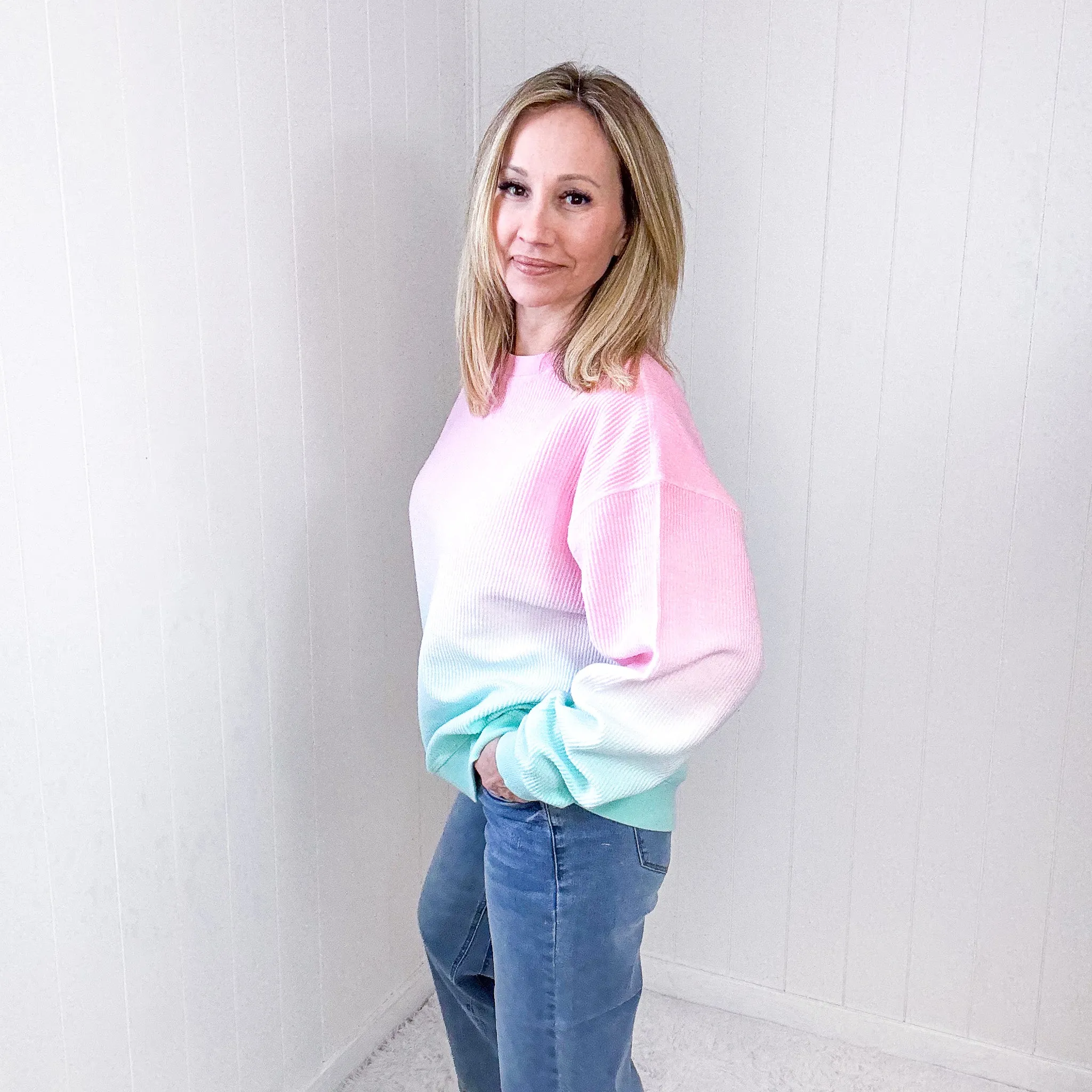 Cotton Candy Pink and Mint Ombre Luxe Soft Corded Pullover