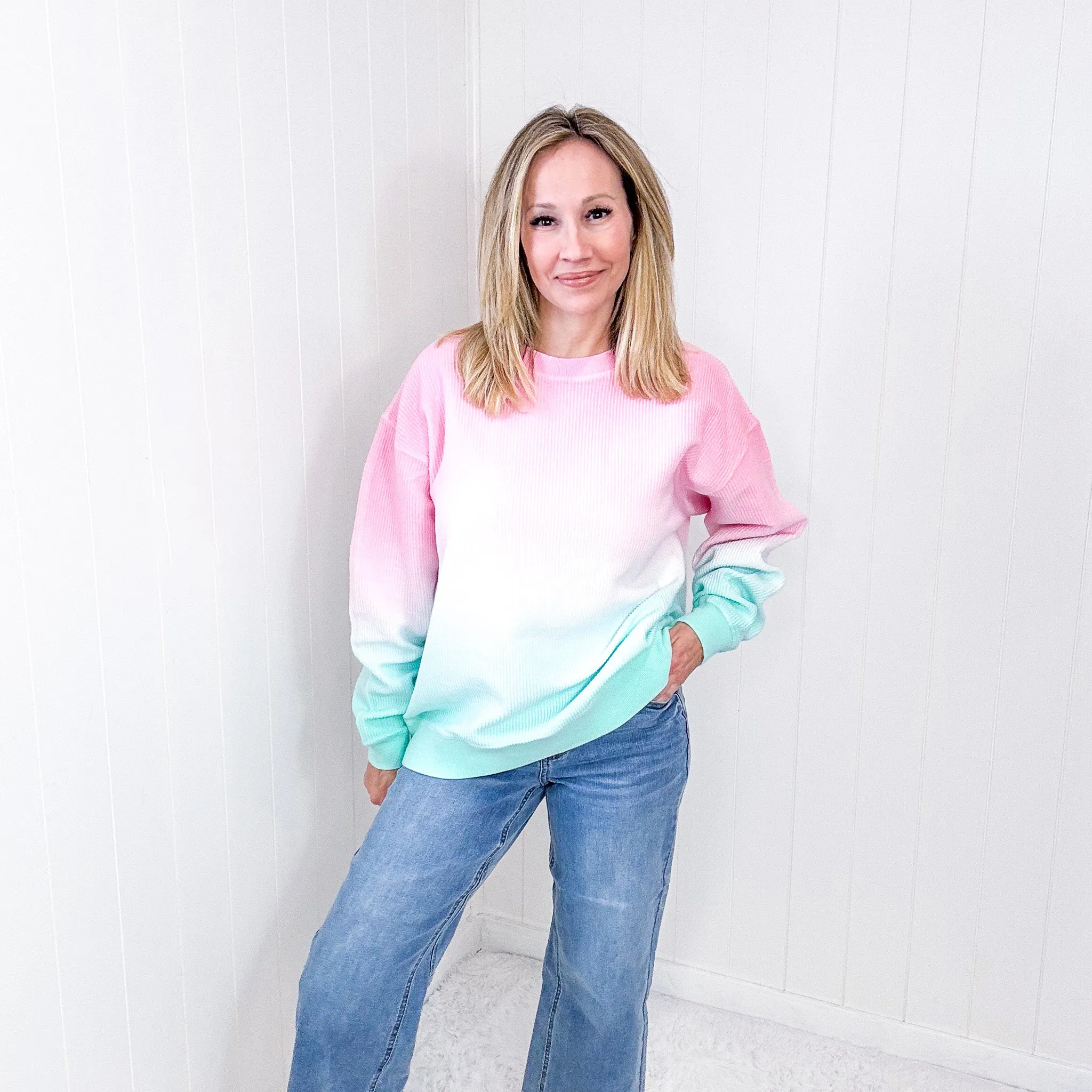 Cotton Candy Pink and Mint Ombre Luxe Soft Corded Pullover