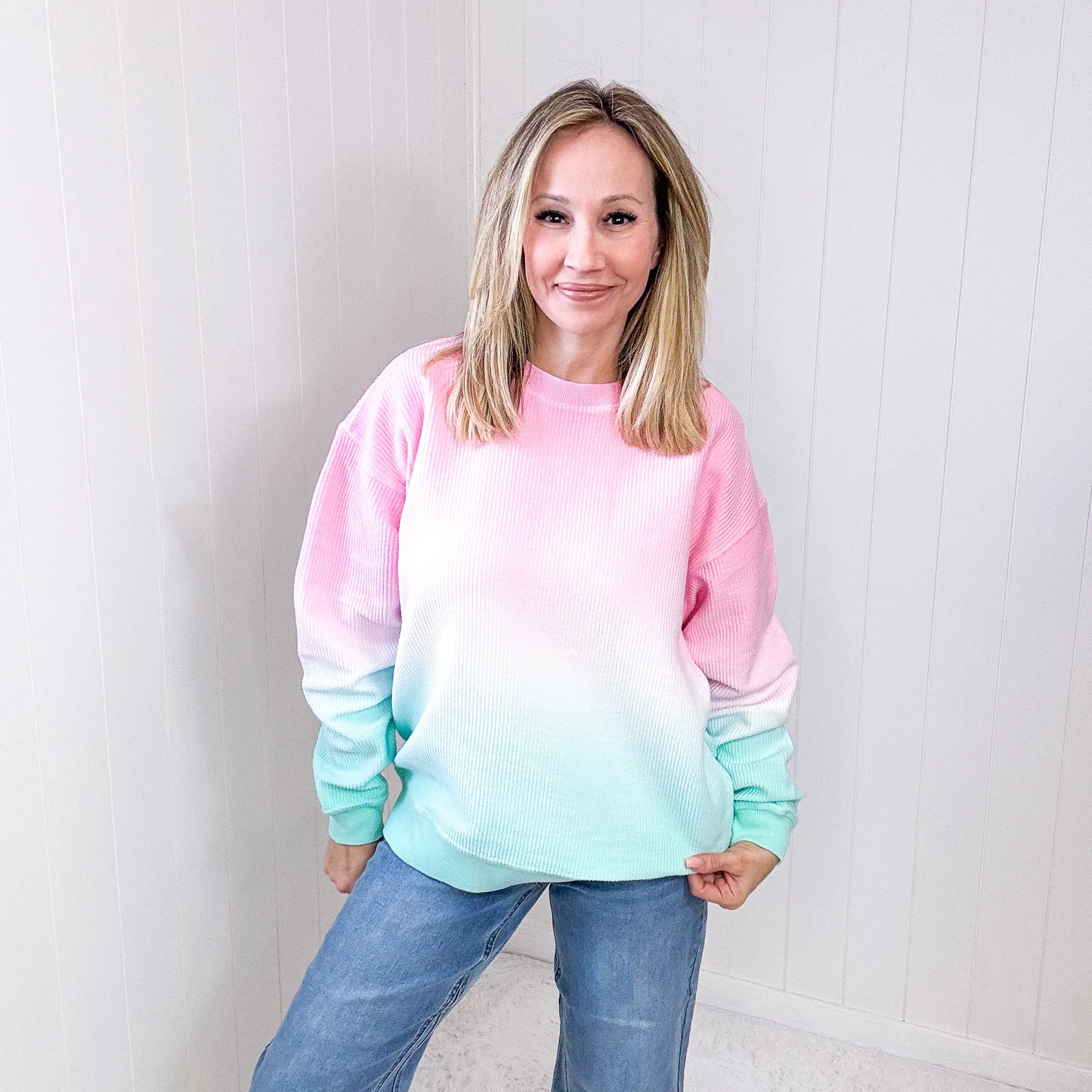 Cotton Candy Pink and Mint Ombre Luxe Soft Corded Pullover