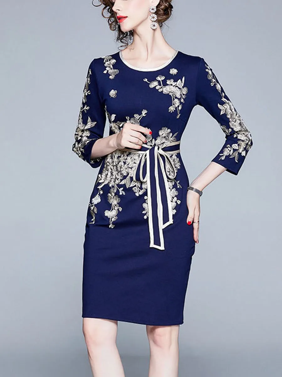 Embroidered Bow Tie Slim Slimming Midi Dress