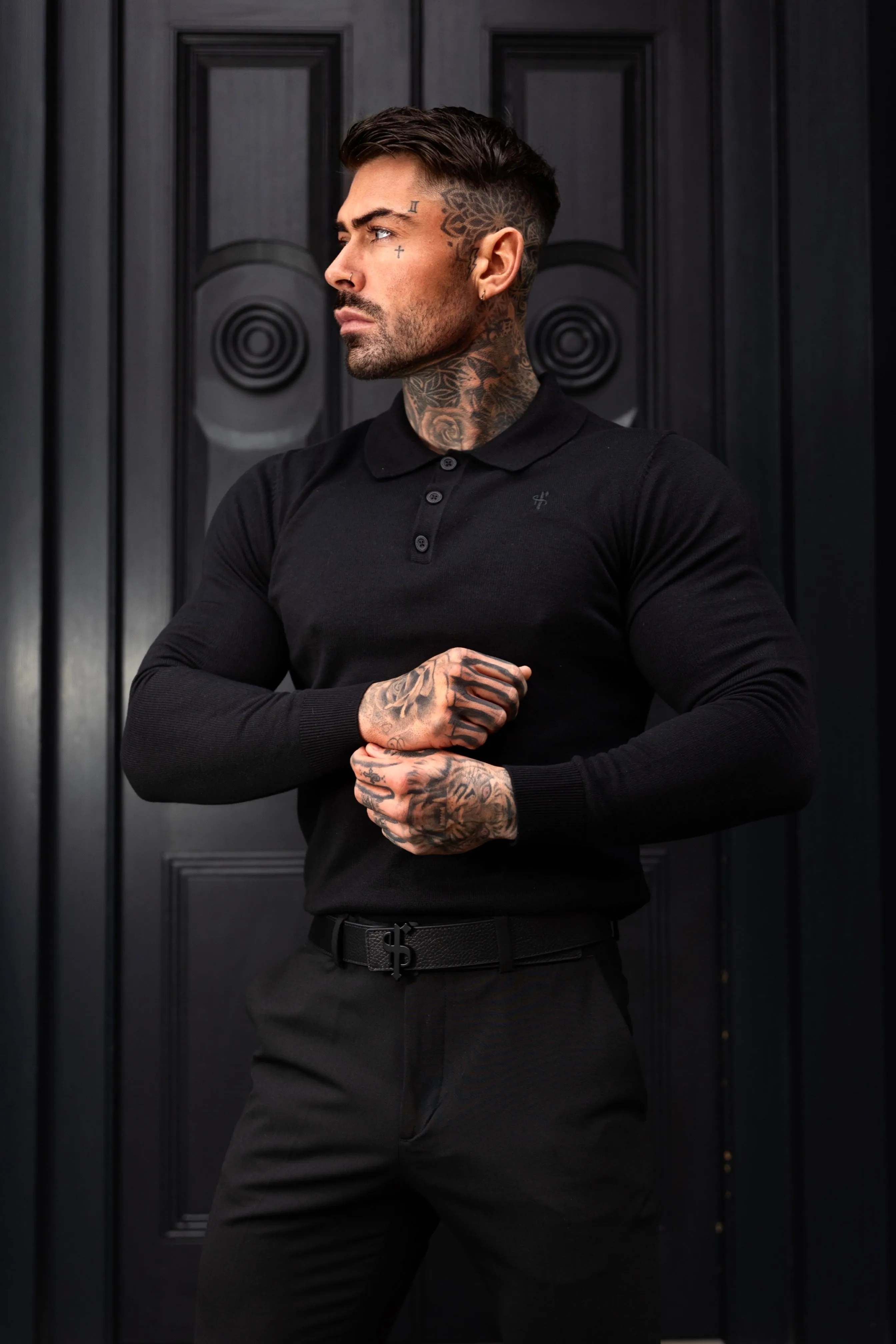 Father Sons Classic Black Knitted Polo Sweater Long Sleeve With Tonal FS Embroidery- FSN139