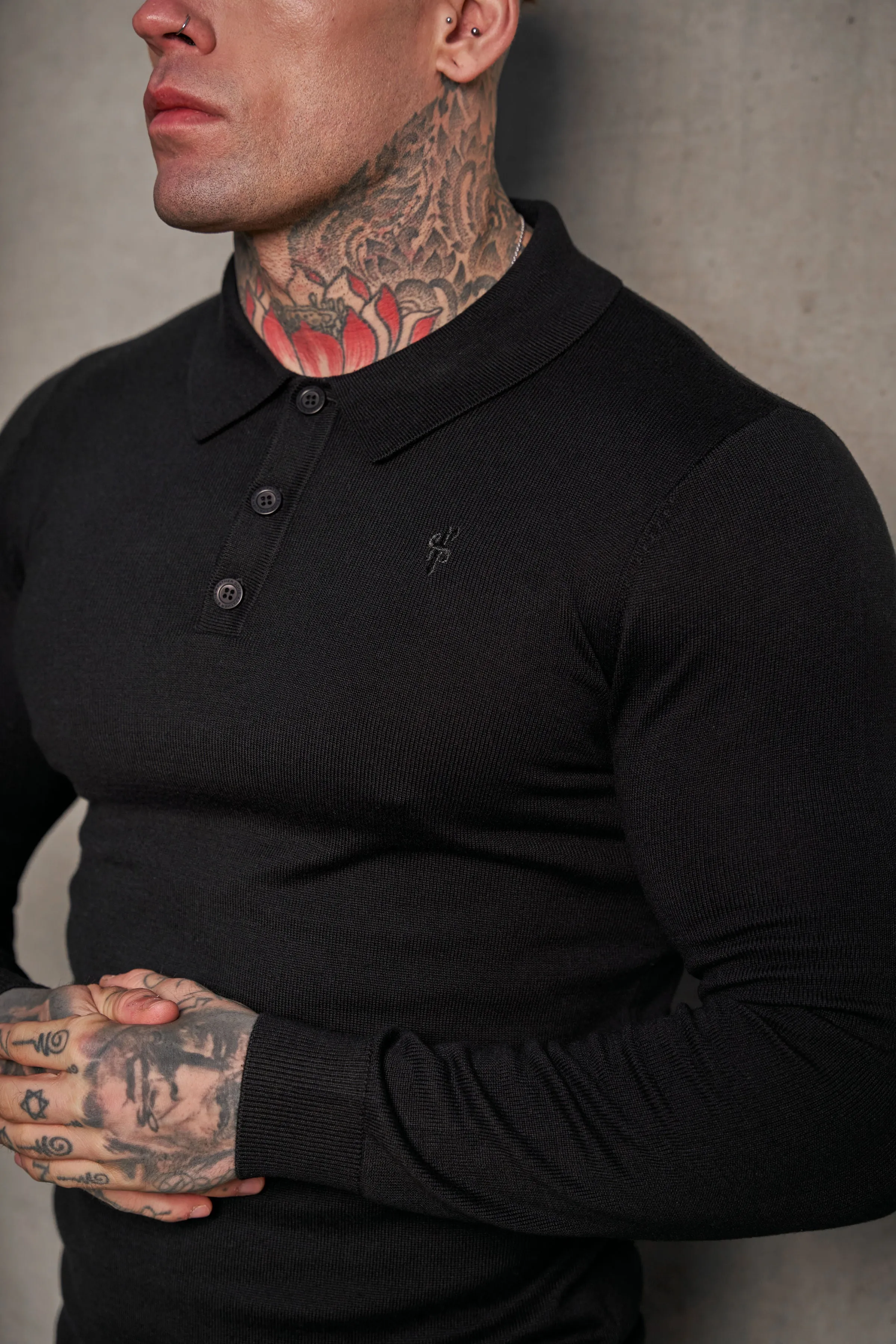 Father Sons Classic Black Knitted Polo Sweater Long Sleeve With Tonal FS Embroidery- FSN139