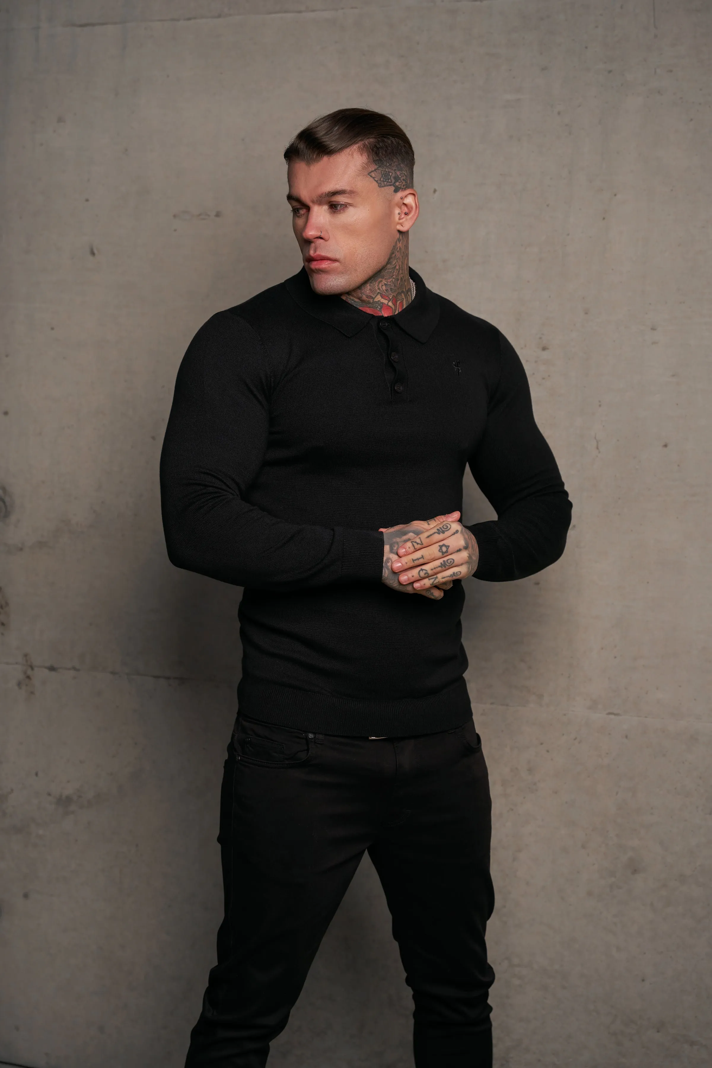 Father Sons Classic Black Knitted Polo Sweater Long Sleeve With Tonal FS Embroidery- FSN139