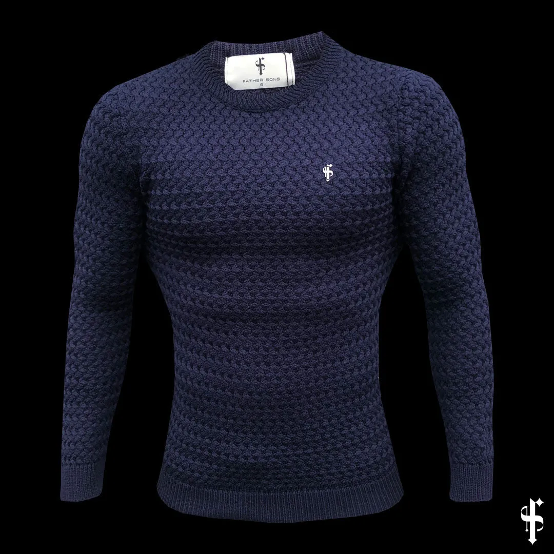 Father Sons Navy Knitted Weave Super Slim Sweater With Metal Decal - FSJ013