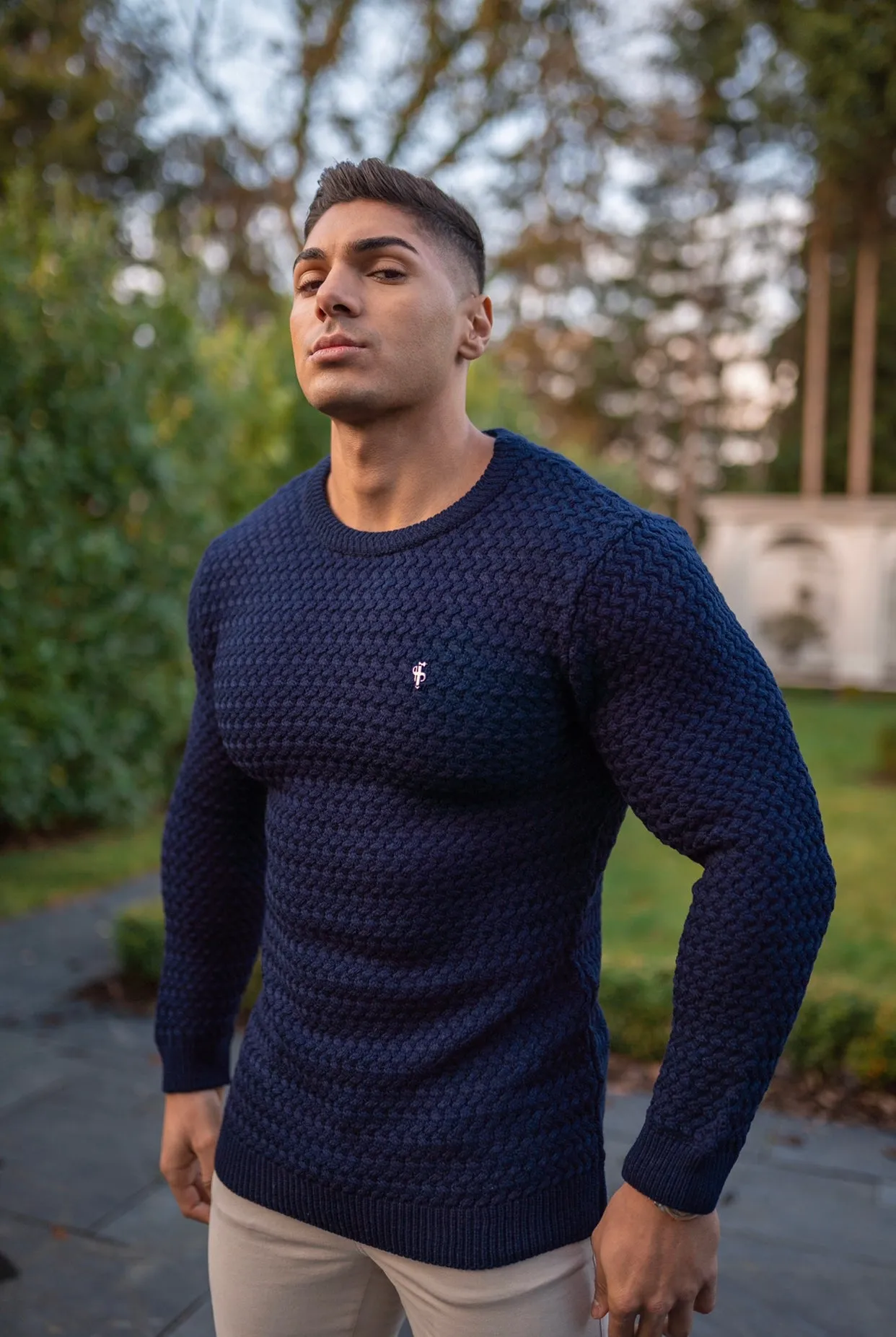 Father Sons Navy Knitted Weave Super Slim Sweater With Metal Decal - FSJ013