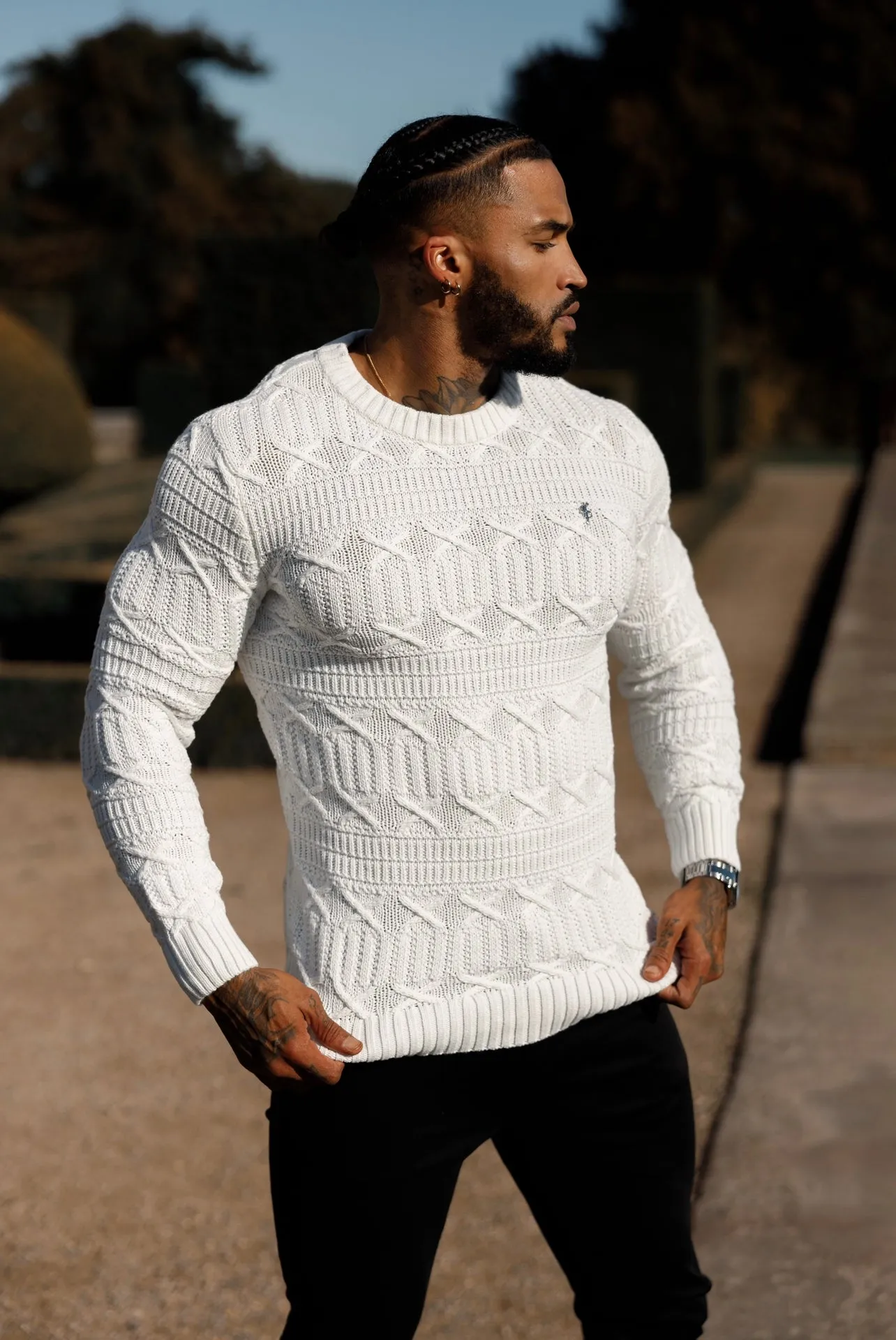 Father Sons Off White Knitted Cable Link Crew Super Slim Sweater With Metal Decal - FSN070