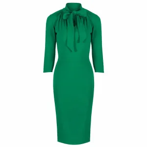 Green 3/4 Sleeve Tie Neck Bodycon Pencil Dress