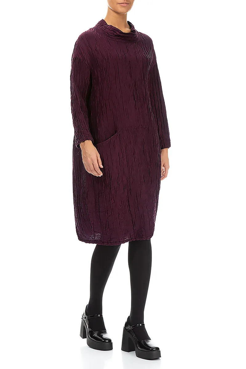 High Neck Aubergine Crinkled Silk Linen Dress