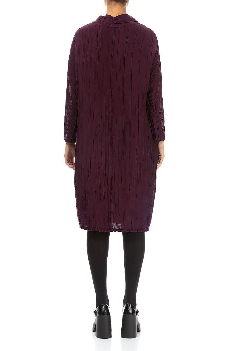 High Neck Aubergine Crinkled Silk Linen Dress