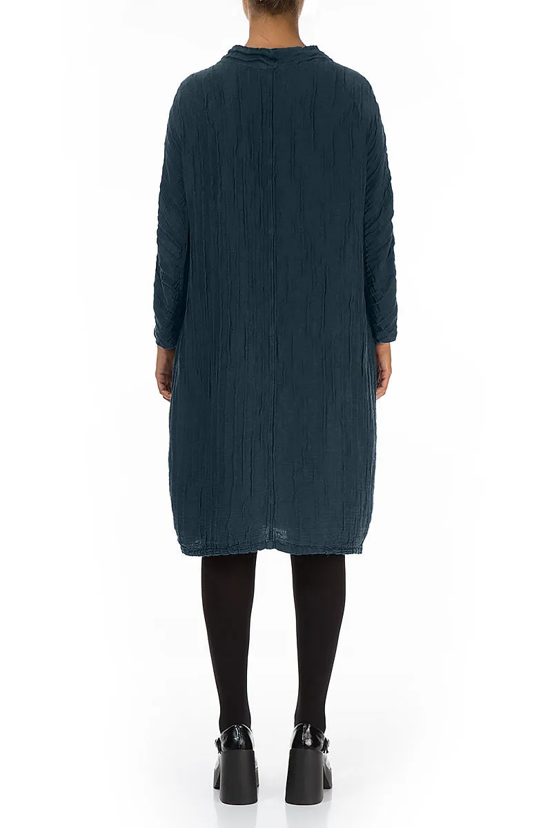 High Neck Midnight Blue Crinkled Silk Linen Dress