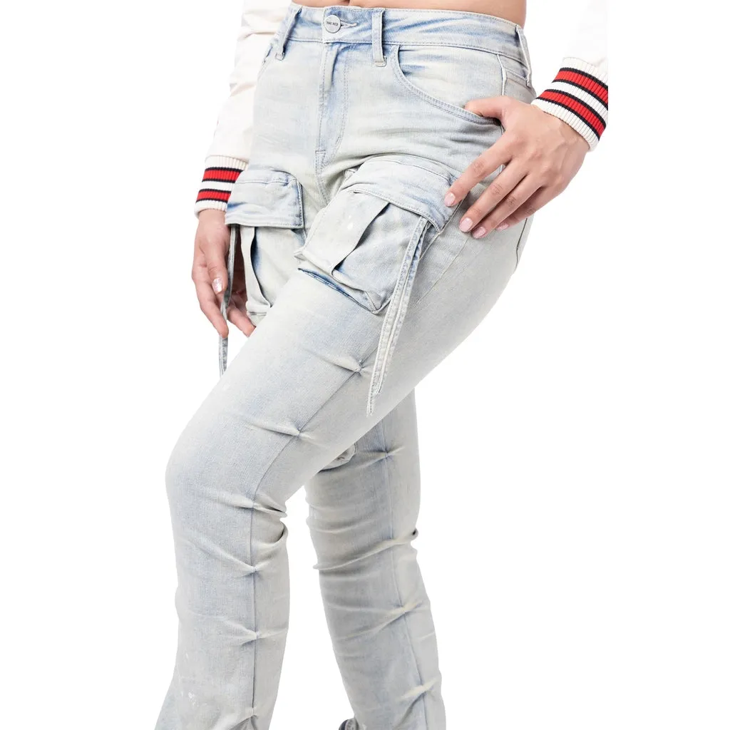 High Rise Stacked Cargo Jeans - Ombre Blue