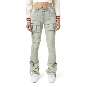 High Rise Stacked Cargo Jeans - Ombre Blue