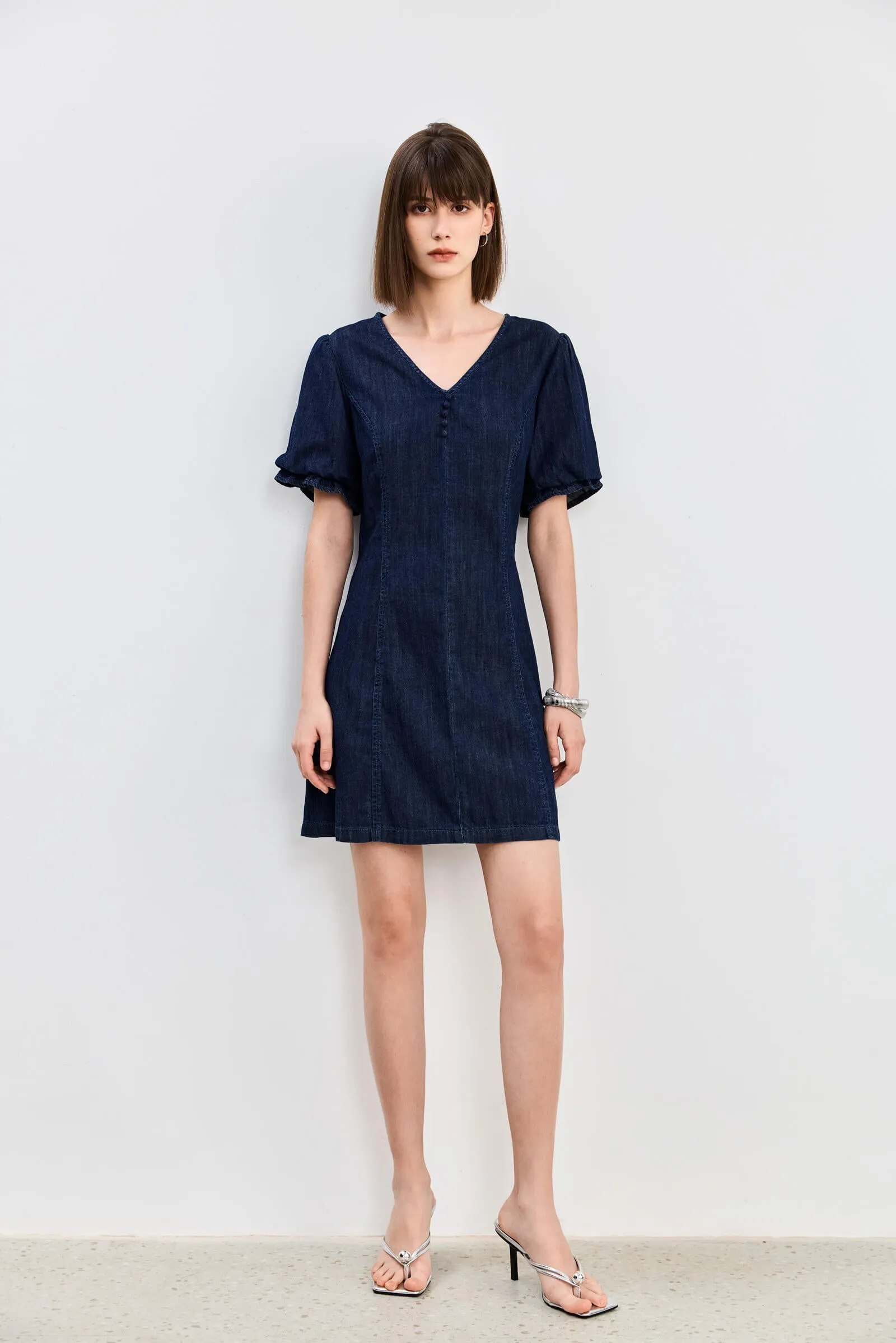 LILY V-Neck Puff Sleeve Denim Dress