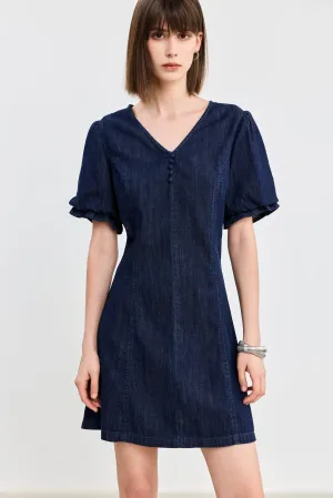 LILY V-Neck Puff Sleeve Denim Dress