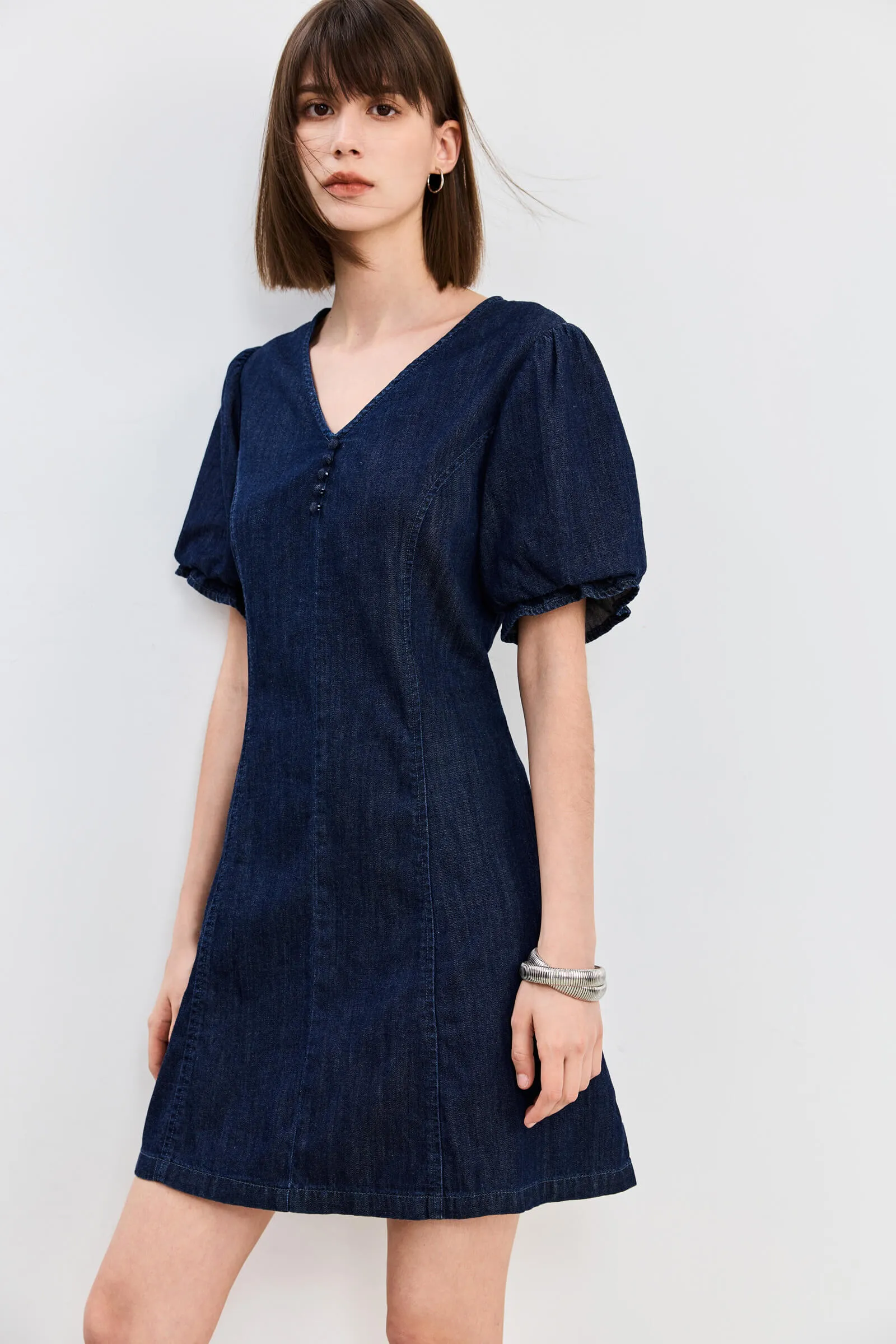 LILY V-Neck Puff Sleeve Denim Dress