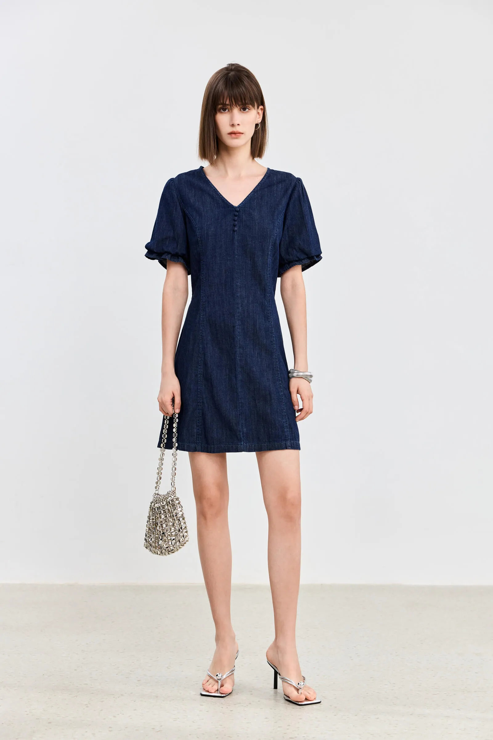 LILY V-Neck Puff Sleeve Denim Dress