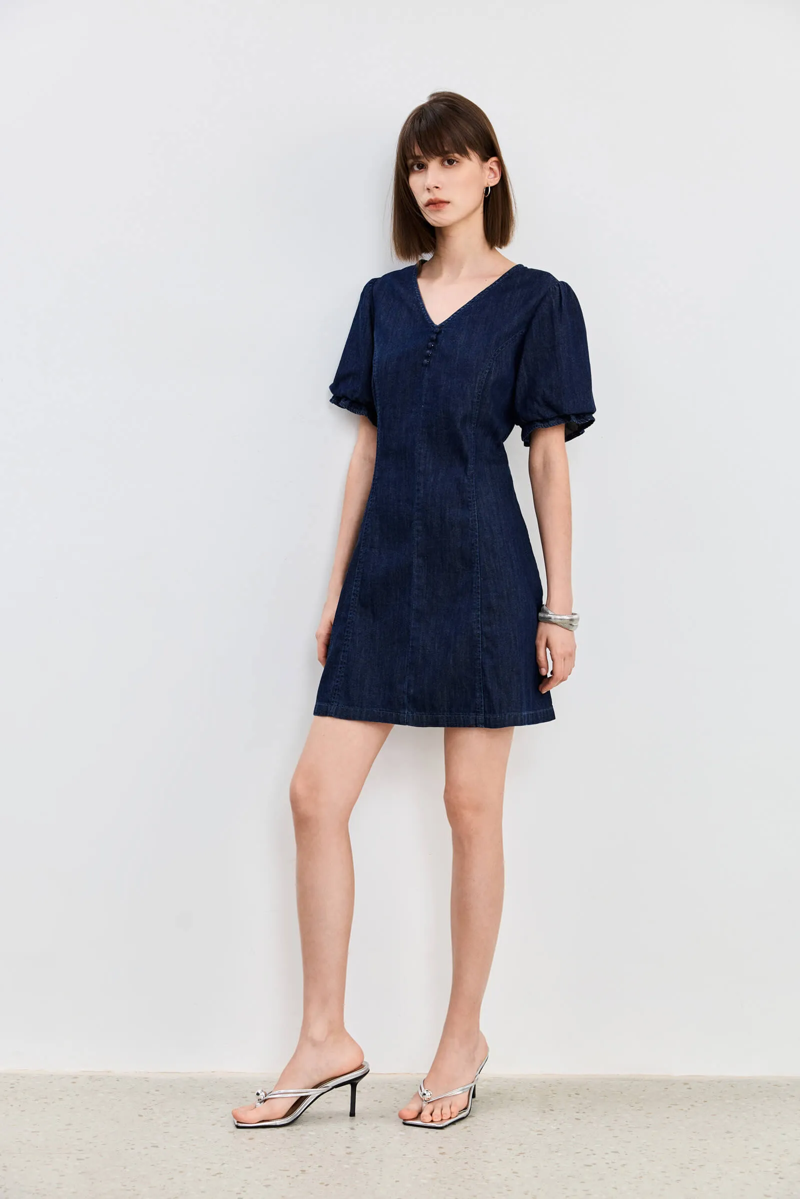 LILY V-Neck Puff Sleeve Denim Dress