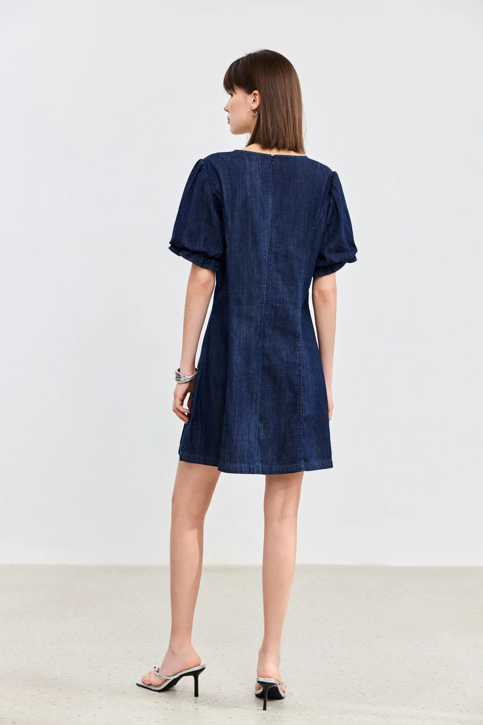 LILY V-Neck Puff Sleeve Denim Dress