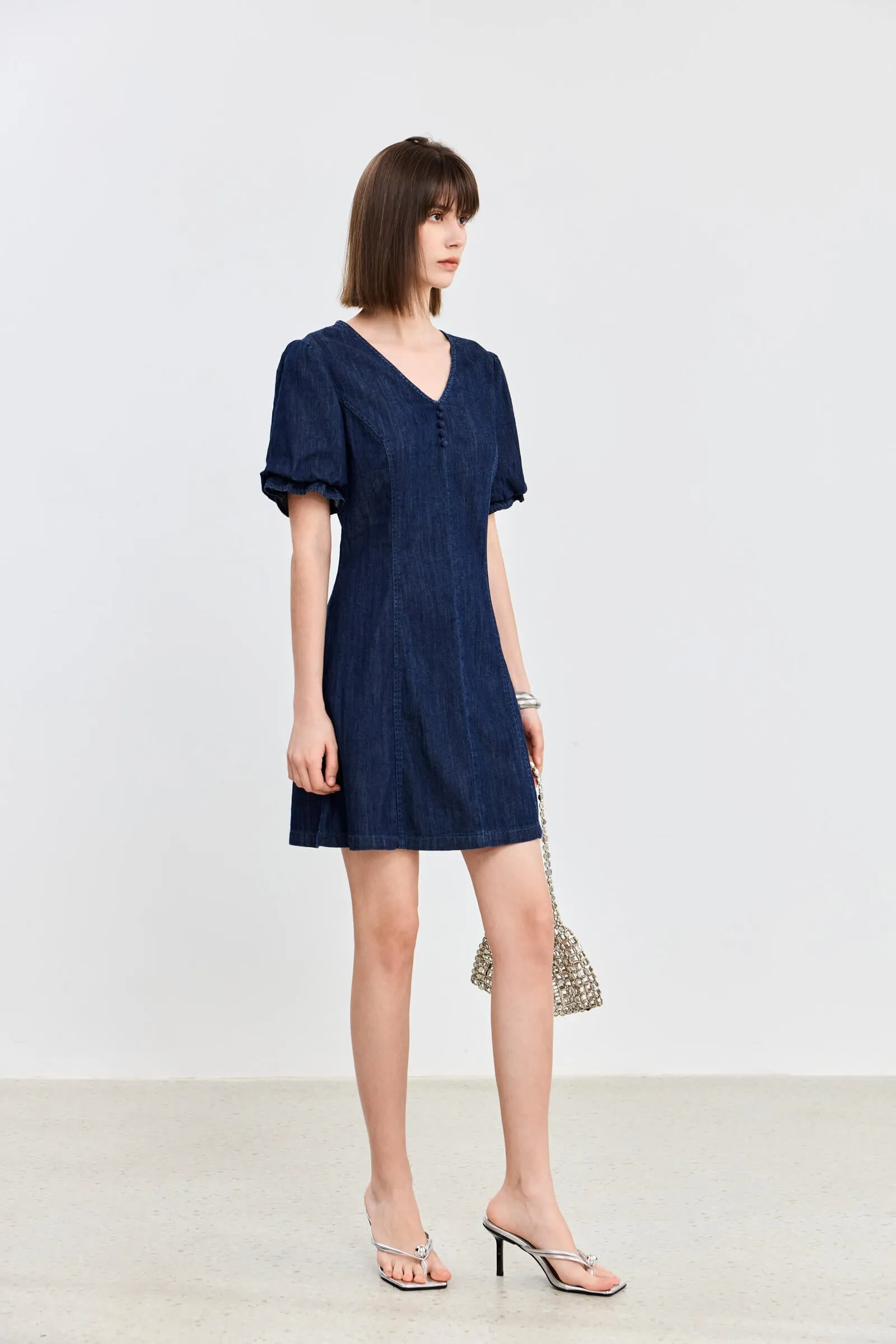 LILY V-Neck Puff Sleeve Denim Dress