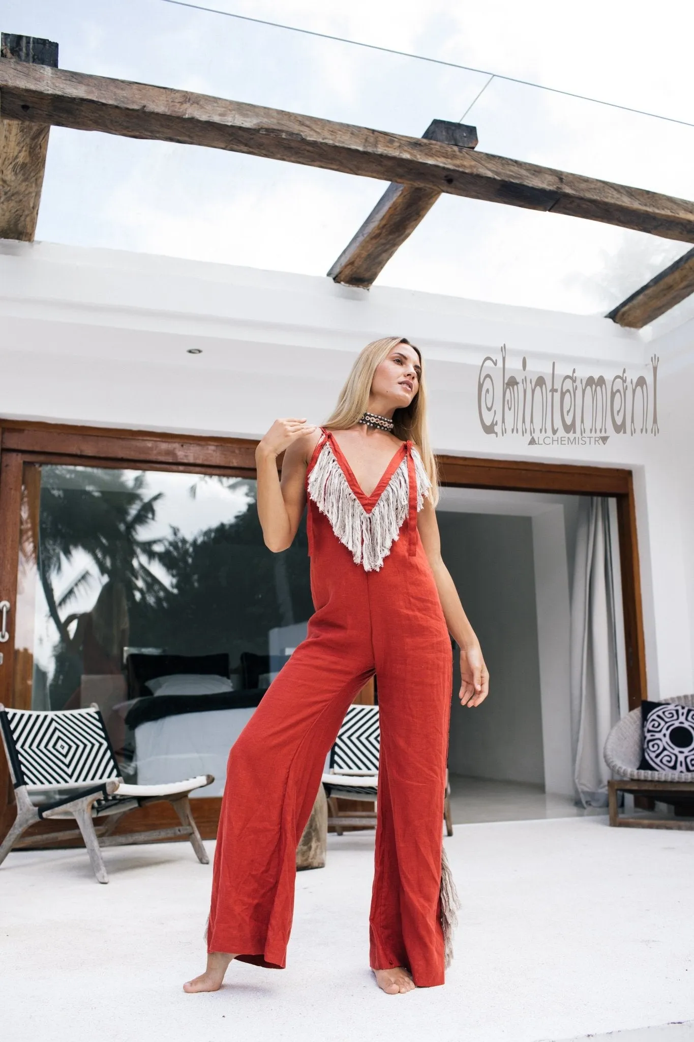 Long Linen Boho Jumpsuit with Fringes for Women / Vneck Overalls / Red Ochre