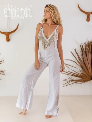 Long Linen Boho Jumpsuit with Fringes for Women / Vneck Overalls / White