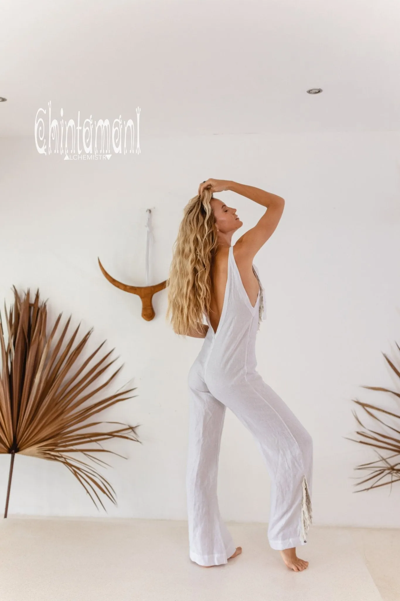 Long Linen Boho Jumpsuit with Fringes for Women / Vneck Overalls / White