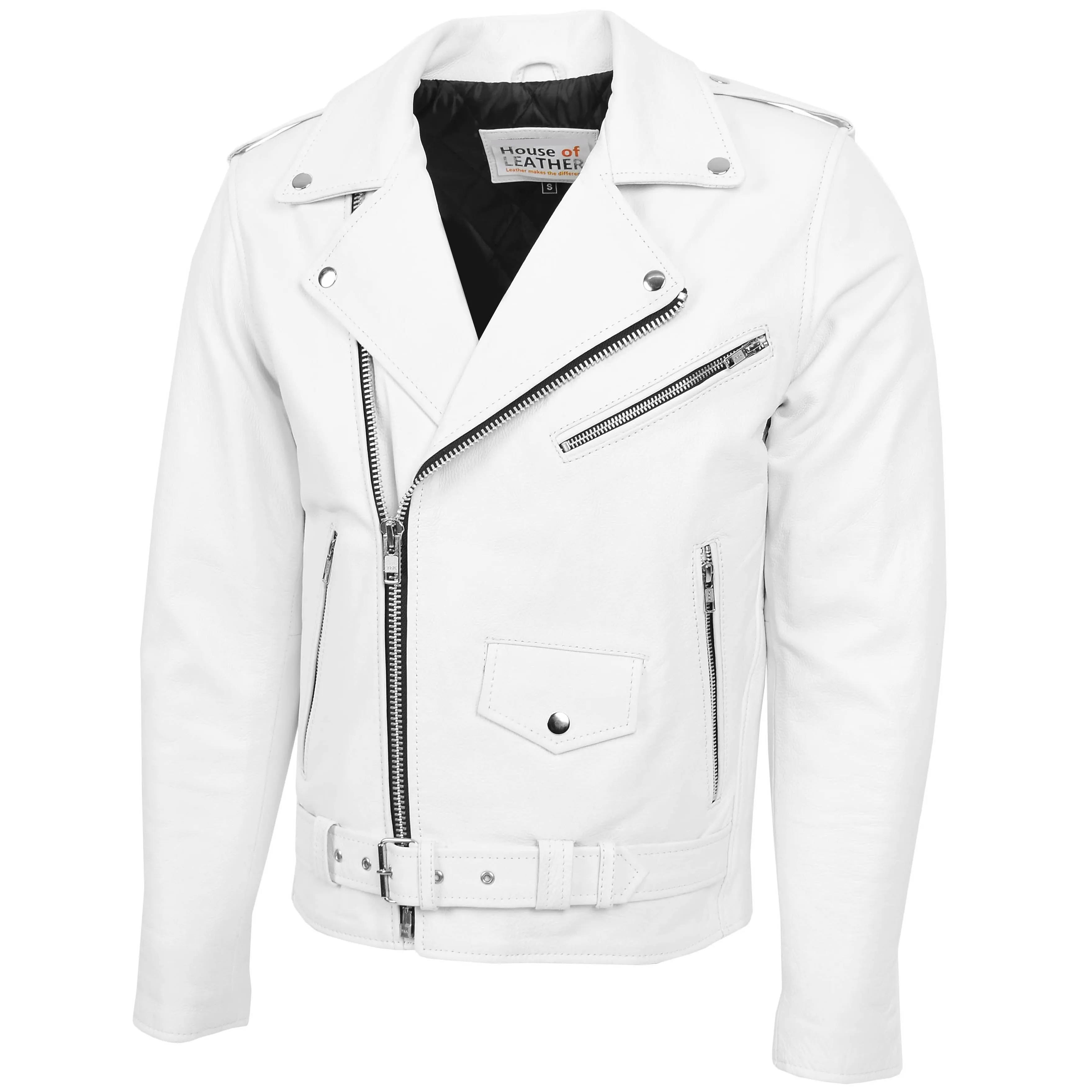 Mens Heavy Duty Leather Biker Brando Jacket Kyle White