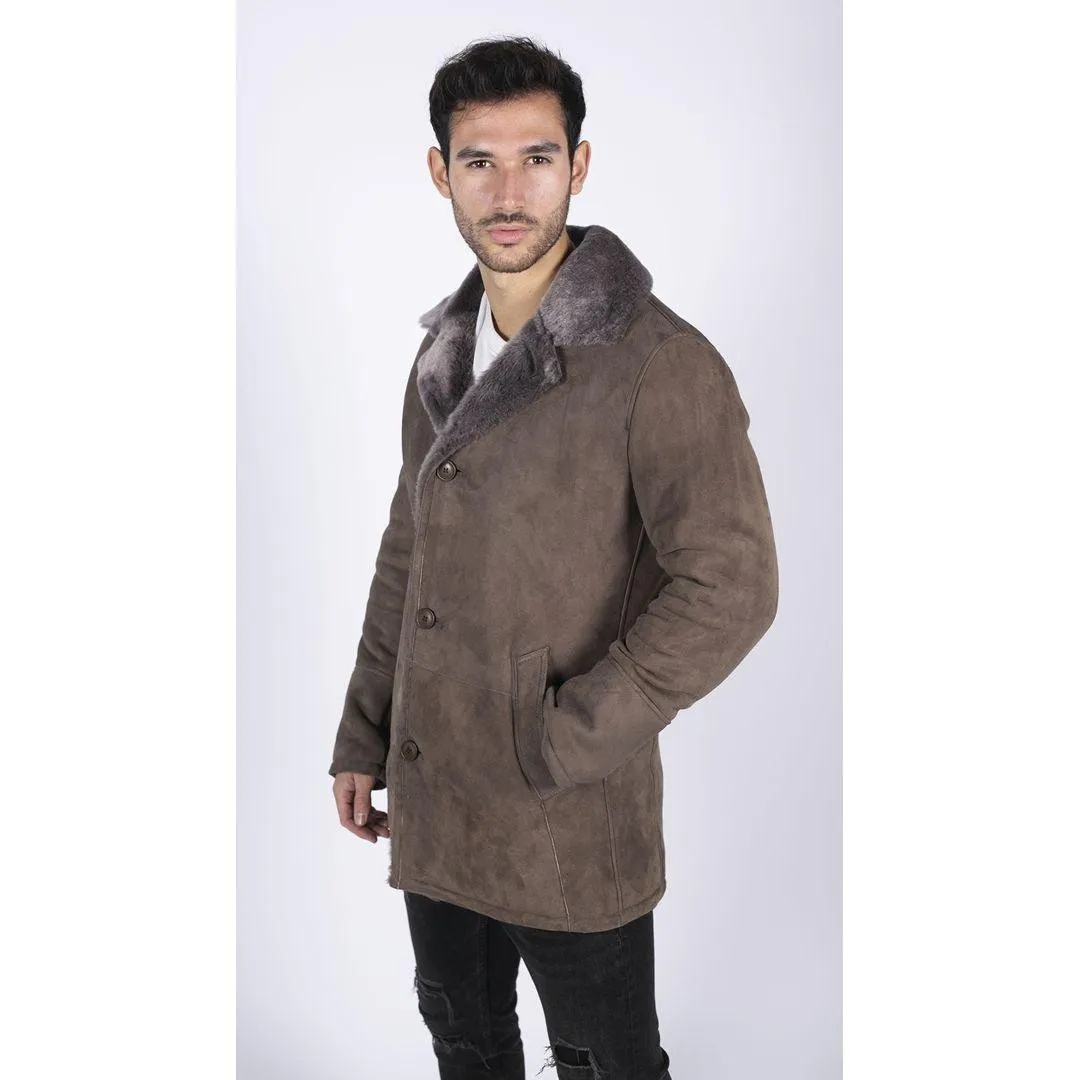 Mens Real Sheepskin Coat Beige Vintage Classic 3/4 Jacket Button Down V Neck