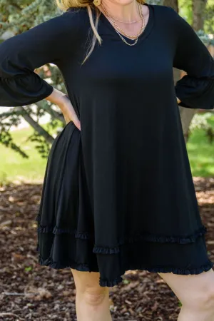 Plus Size Frill Trim Flounce Sleeve Black Mini Dress