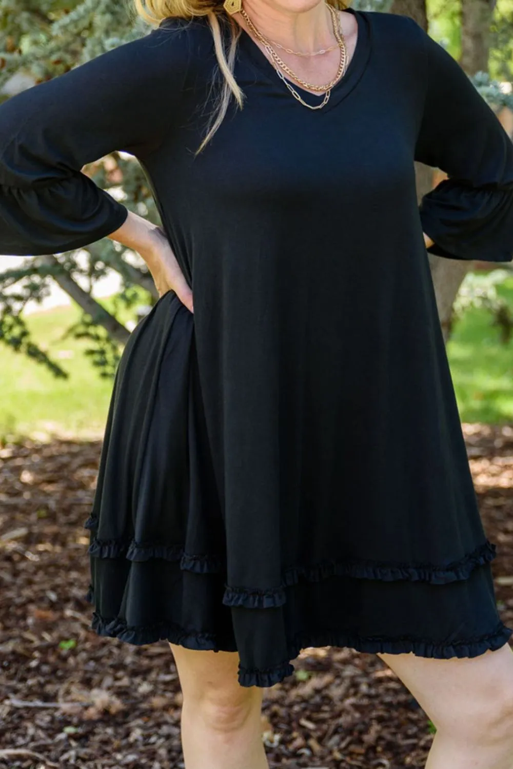 Plus Size Frill Trim Flounce Sleeve Black Mini Dress