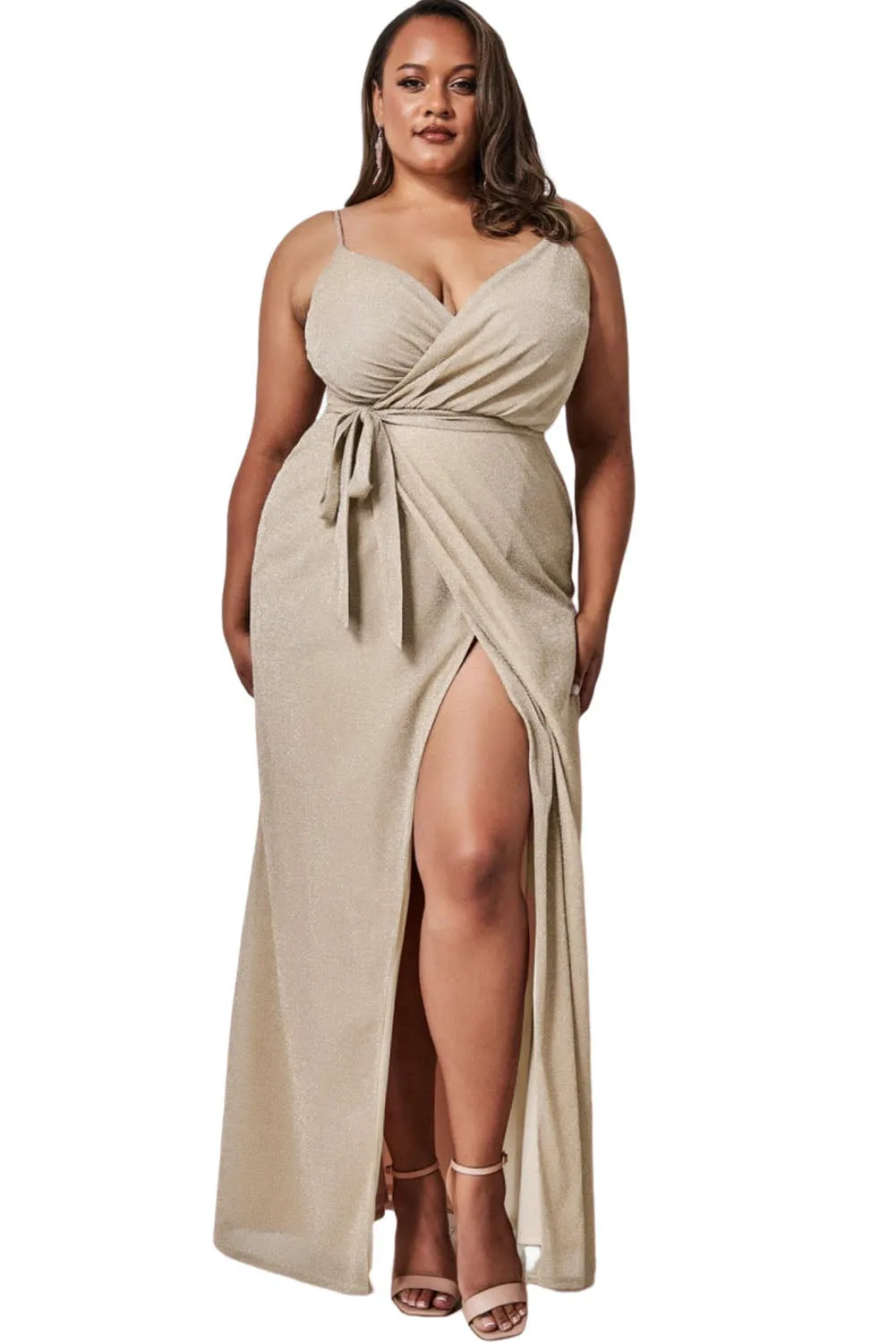 Plus Size V Neck Wrap Spaghetti Straps Maxi Dress