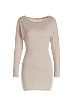 Pretty Long Sleeve Skew Neck Solid Color Slimming Women's Dress