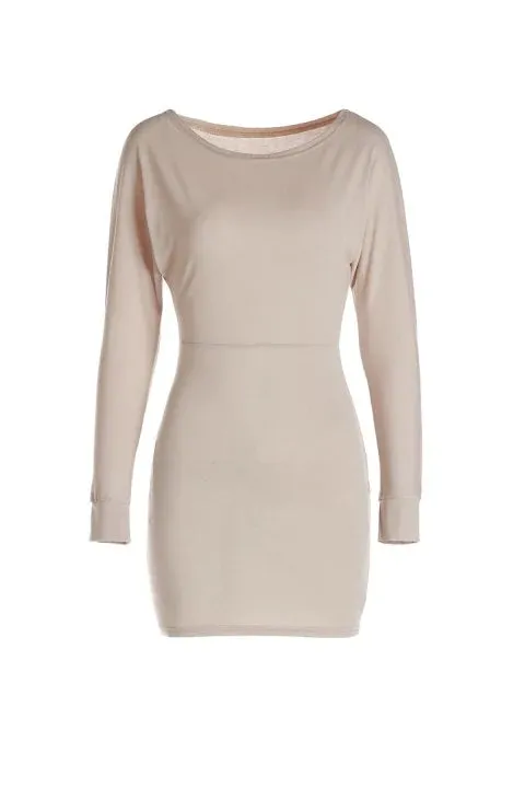 Pretty Long Sleeve Skew Neck Solid Color Slimming Women's Dress