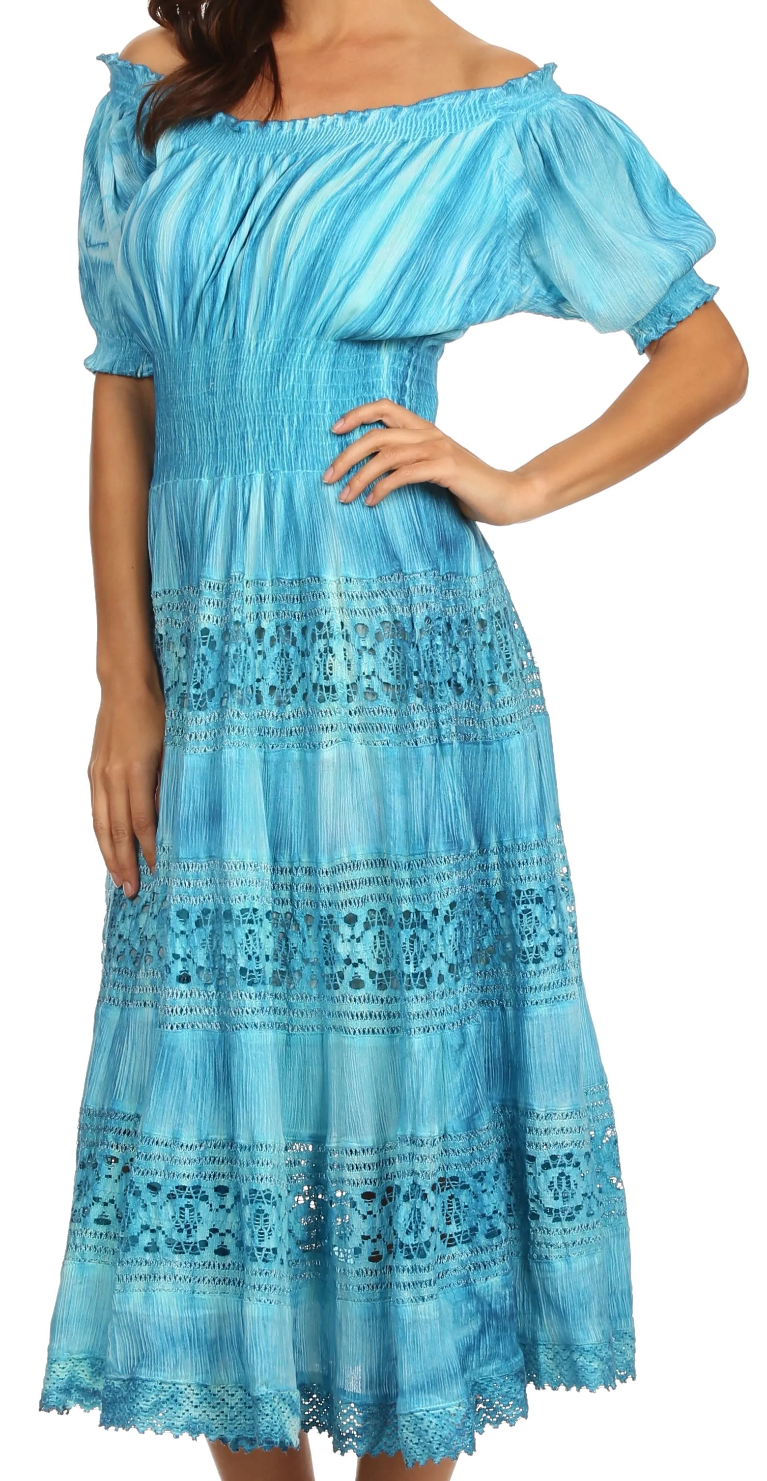 Sakkas Laney Tie Dye Lace Smocked Empire Waist Long Picot Hem Dress