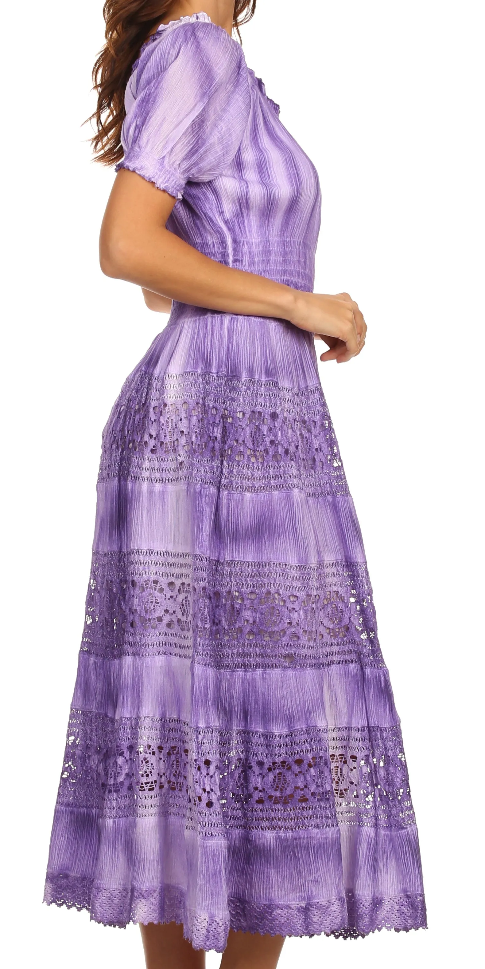 Sakkas Laney Tie Dye Lace Smocked Empire Waist Long Picot Hem Dress