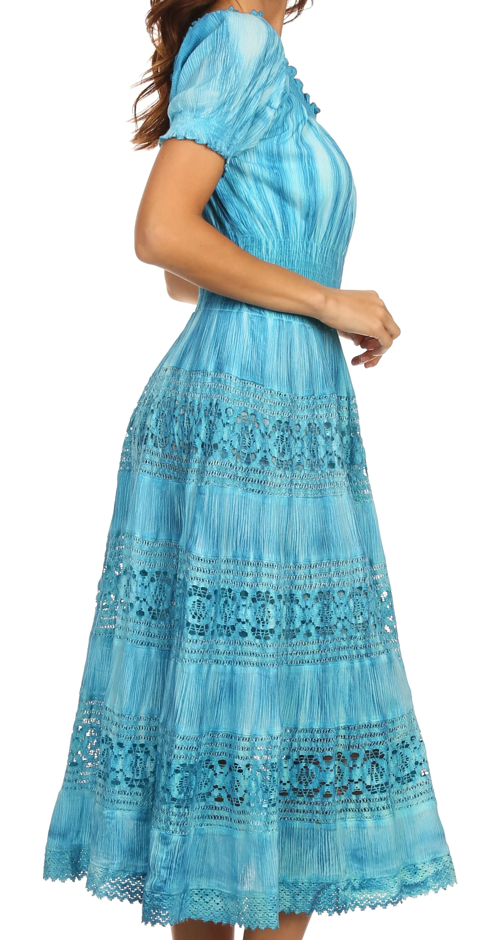 Sakkas Laney Tie Dye Lace Smocked Empire Waist Long Picot Hem Dress